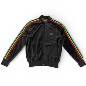 Vintage Black Adidas Rasta Track Jacket Velour Mens Y2K Reggae Rare Size Medium